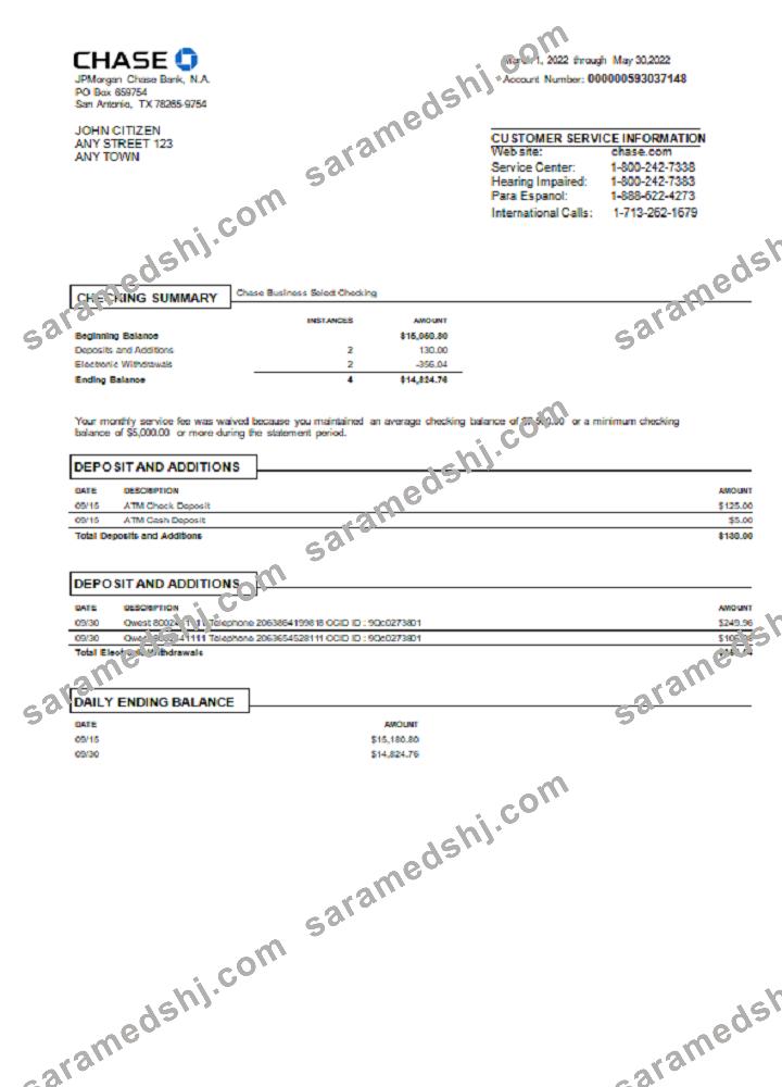 USA Chase bank statement Word and PDF template, version 3.1